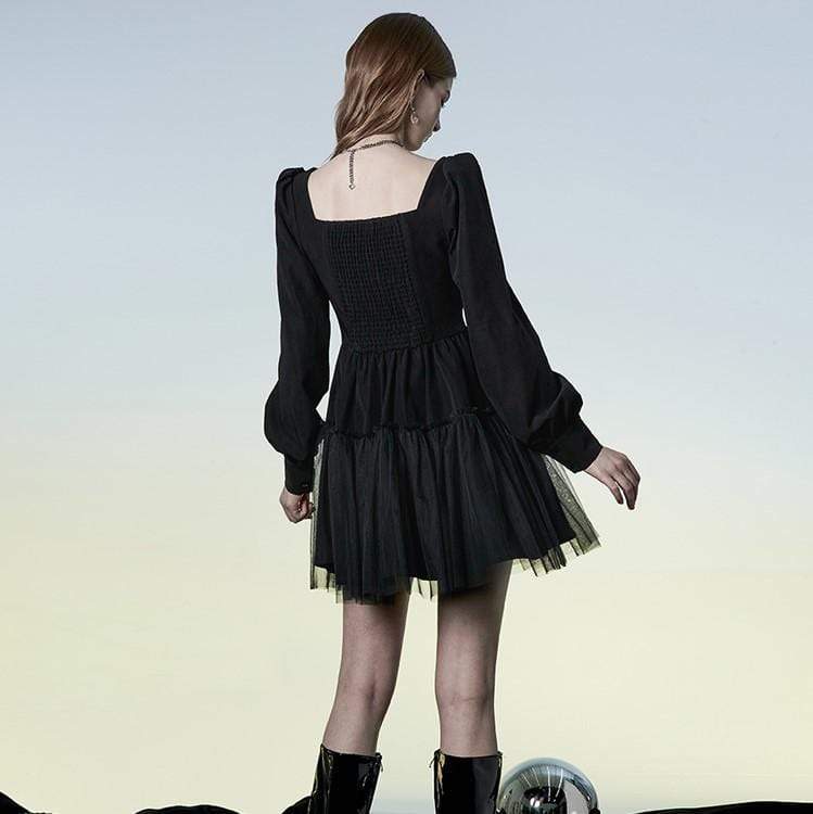 Women's Punk Puff Sleeved Layered Black Dress