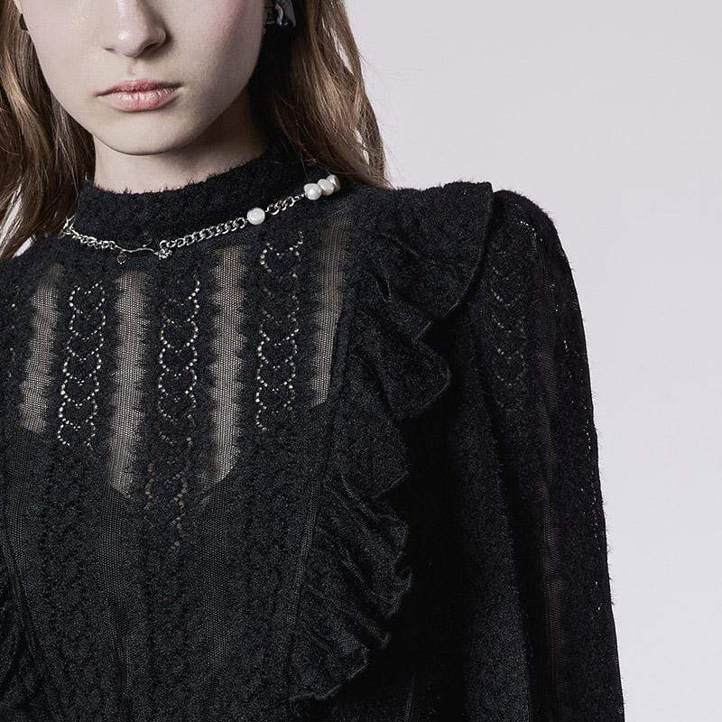 Women's Punk Puff Sleeved Sheer Lace Shirt