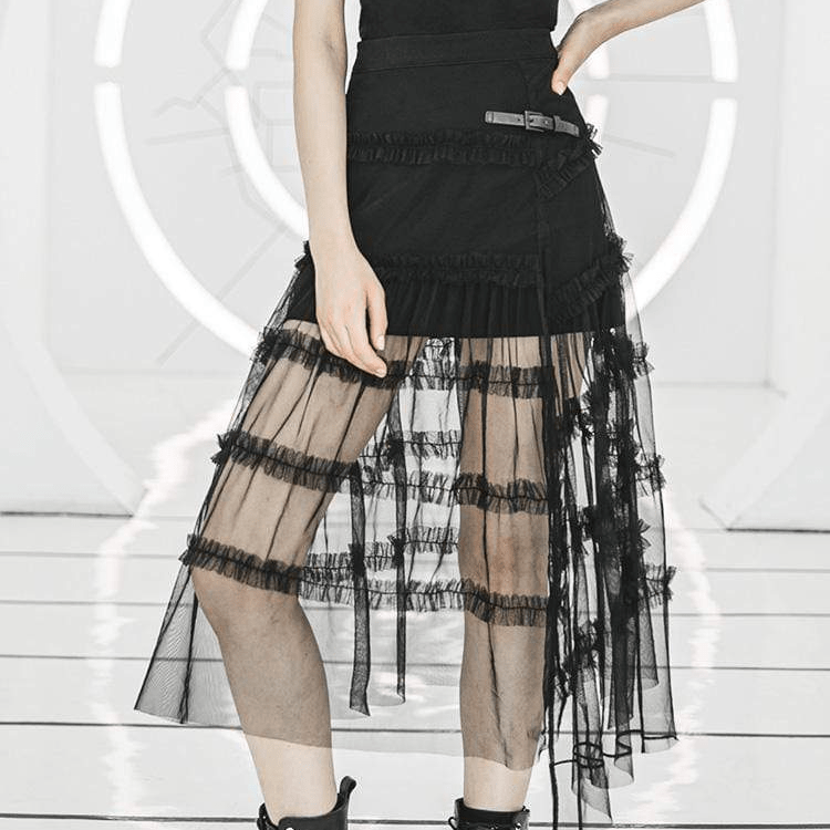 PR-A Women's Punk Sheer Ruffled Lace Overlaid Skirts