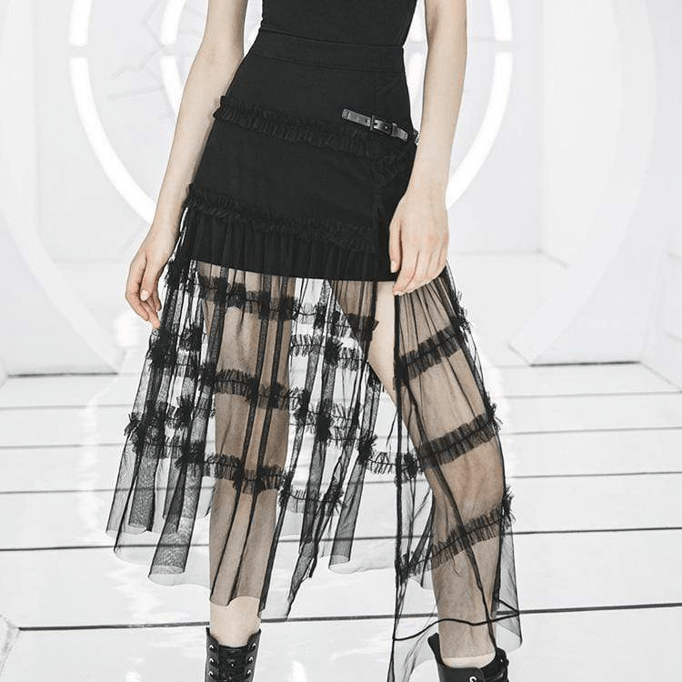 PR-A Women's Punk Sheer Ruffled Lace Overlaid Skirts