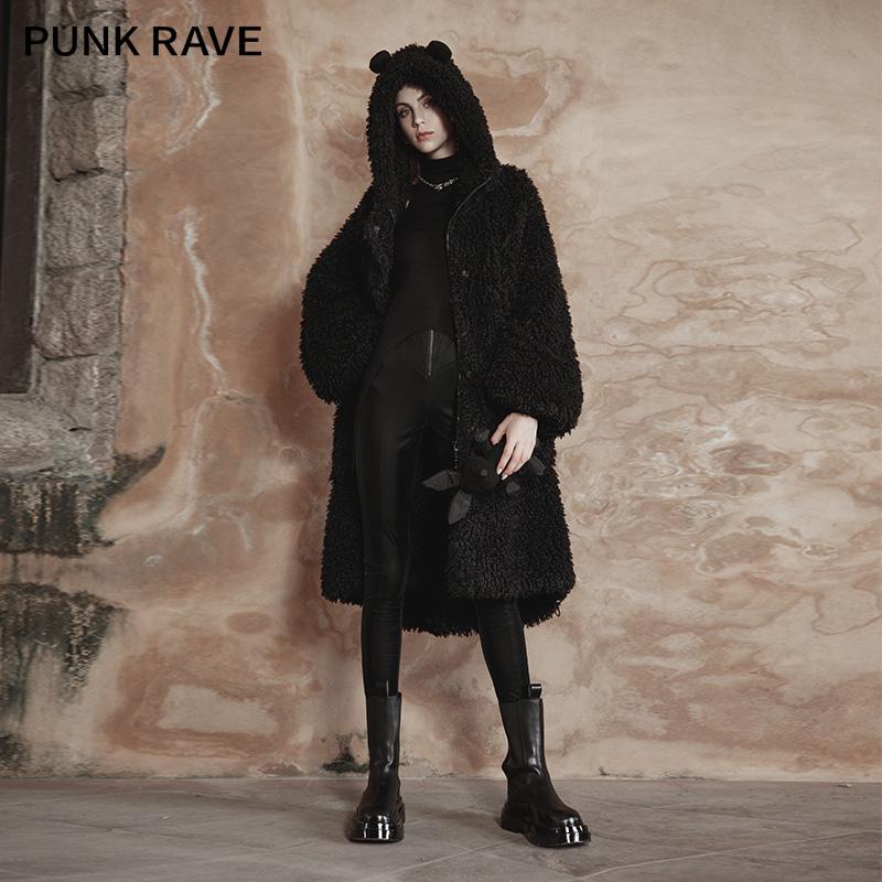 PR-A Women's Punk Sherpa Long Coat with Bear's Ears Hood