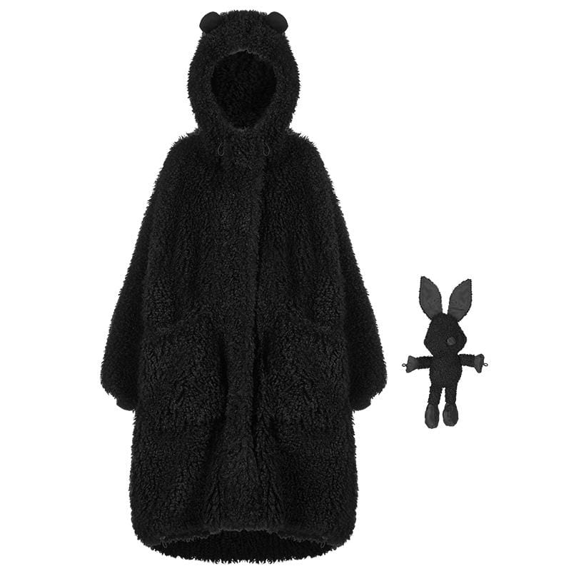 PR-A Women's Punk Sherpa Long Coat with Bear's Ears Hood