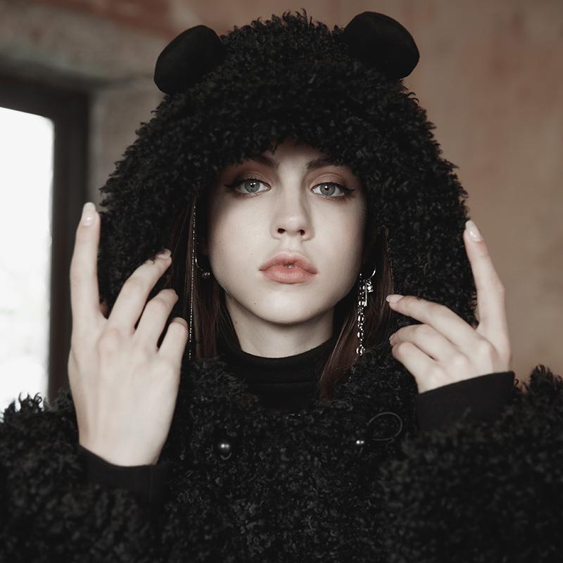 PR-A Women's Punk Sherpa Long Coat with Bear's Ears Hood