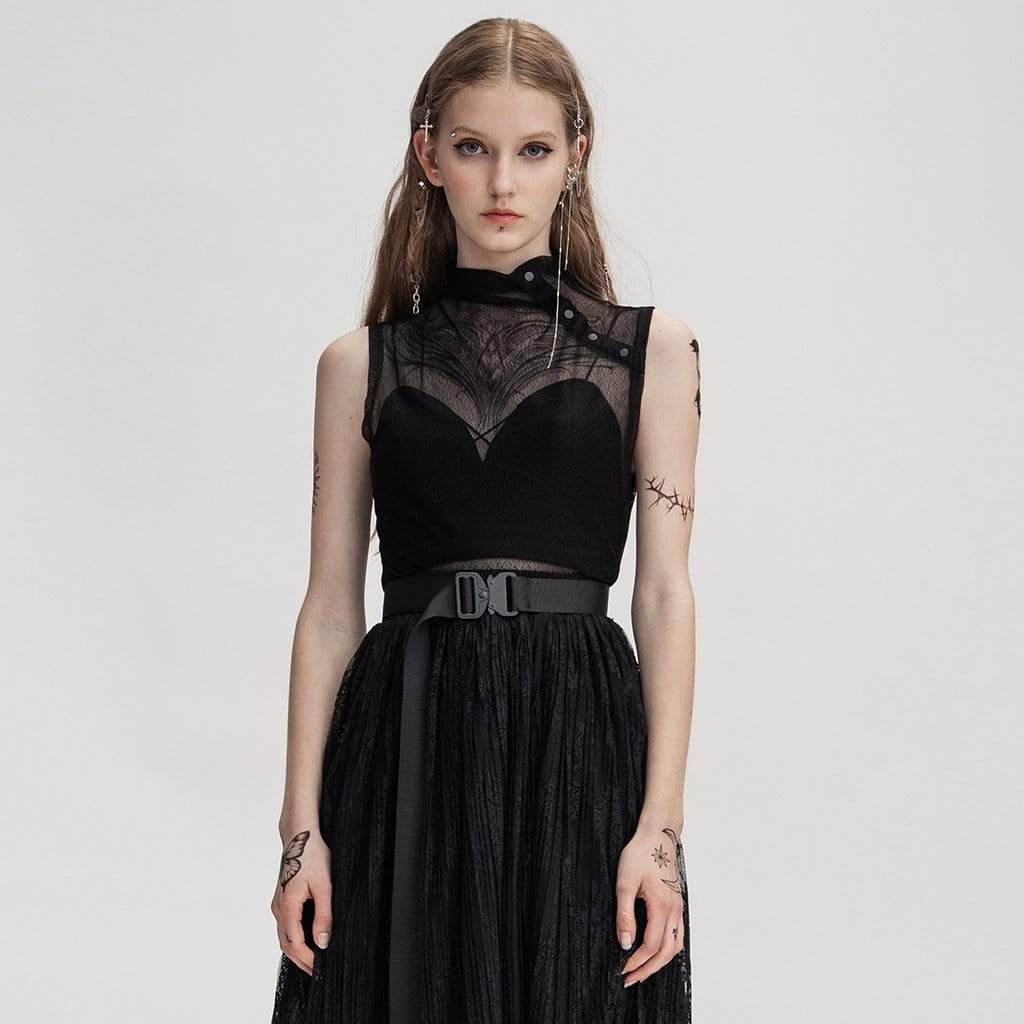 Women's Punk Stand Collar Sheer Mesh Tops