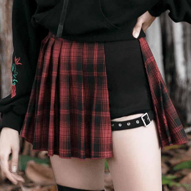 PR-A Women's Punk Two-Piece Irregular A-Line Plaid Pleated Skirts