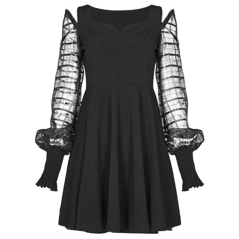 Women's Punk V-neck Puff Sleeved Chiffon Black Little Dresses