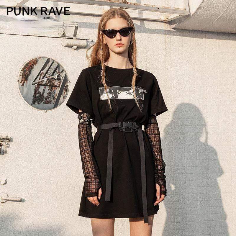 Women's Punk Hell Girl Printed Tee Dresses with Mesh Sleeves