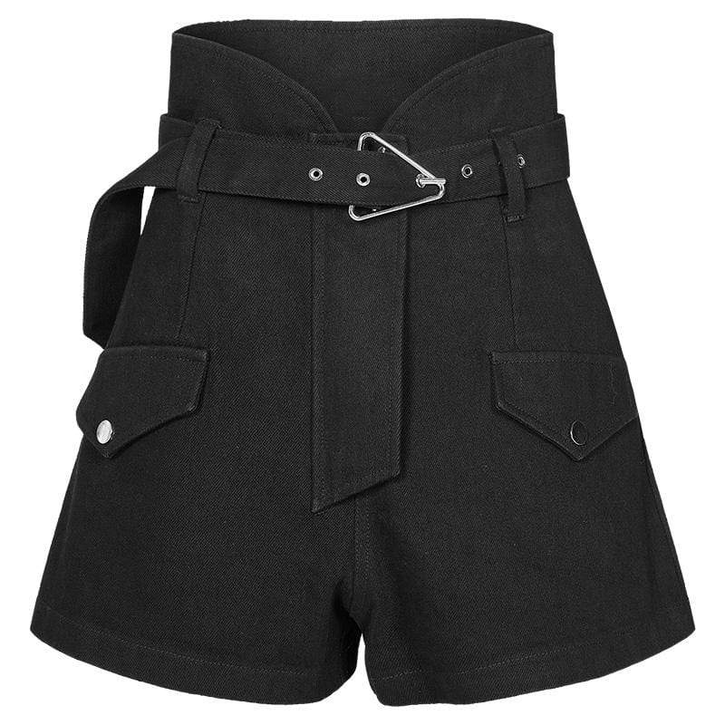 Women's Punk High-waisted Love Heart A-line Black Shorts with Belts