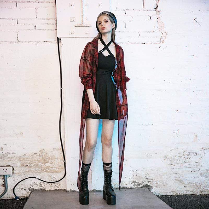 Women's Sheer Plaid Chiffon Casual Long Shirts