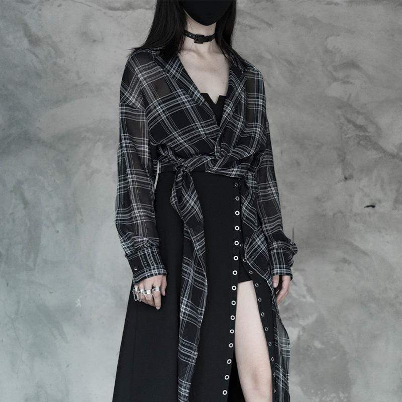 Women's Sheer Plaid Chiffon Casual Long Shirts