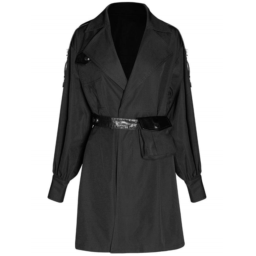 Women's Solid Black Wind Coat With Detachable Belt And Waist Bag