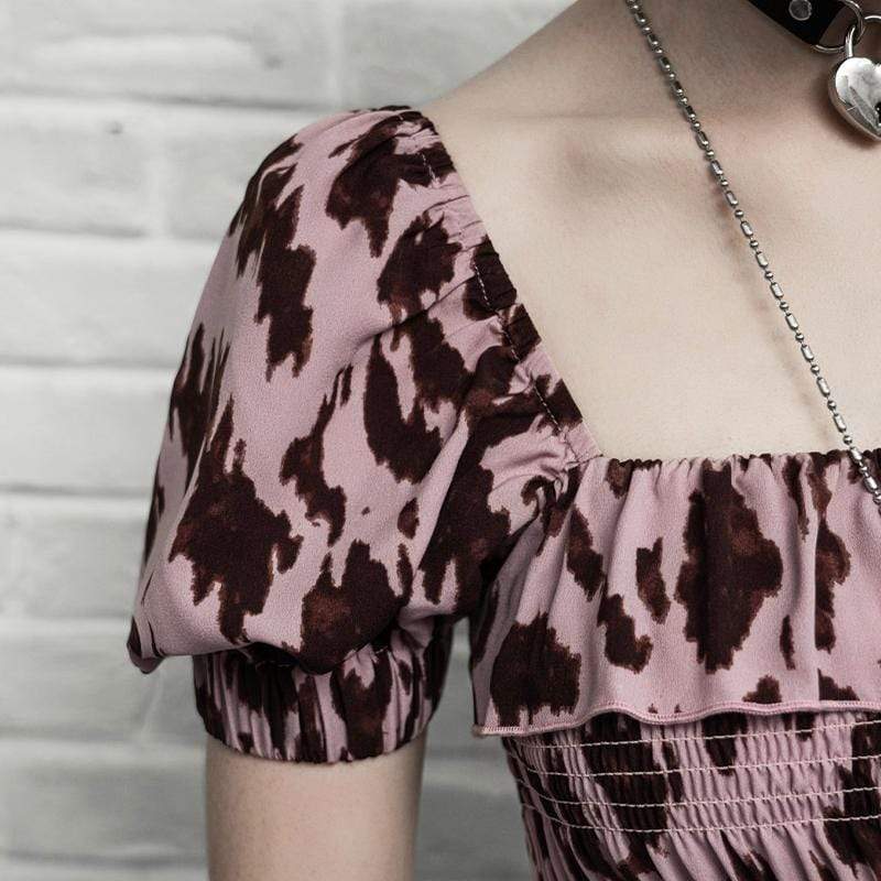 Women's Square Collar Leopard Printed Ruched Dresses