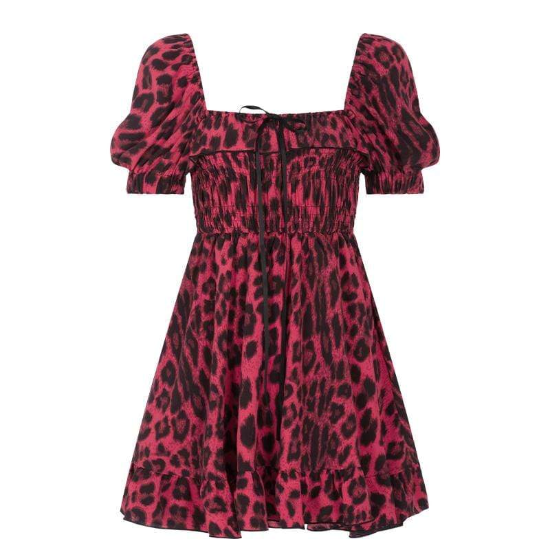 Women's Square Collar Leopard Printed Ruched Dresses