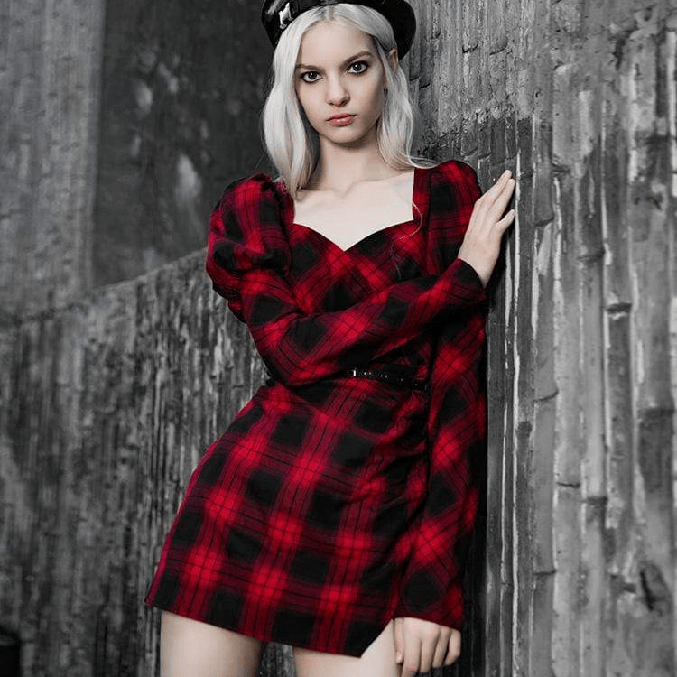 Women's Square Collar Puff Shoulder Plaid Dresses With Belt