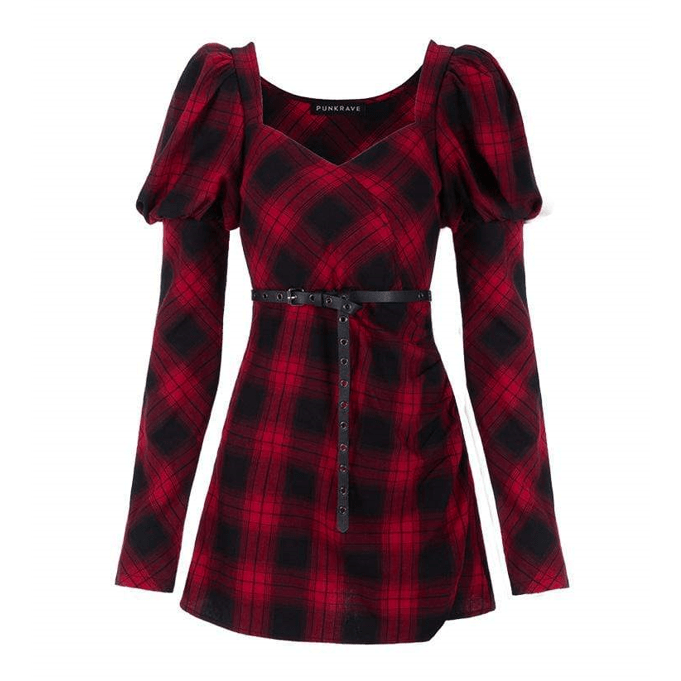 Women's Square Collar Puff Shoulder Plaid Dresses With Belt