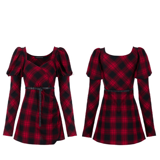 Women's Square Collar Puff Shoulder Plaid Dresses With Belt