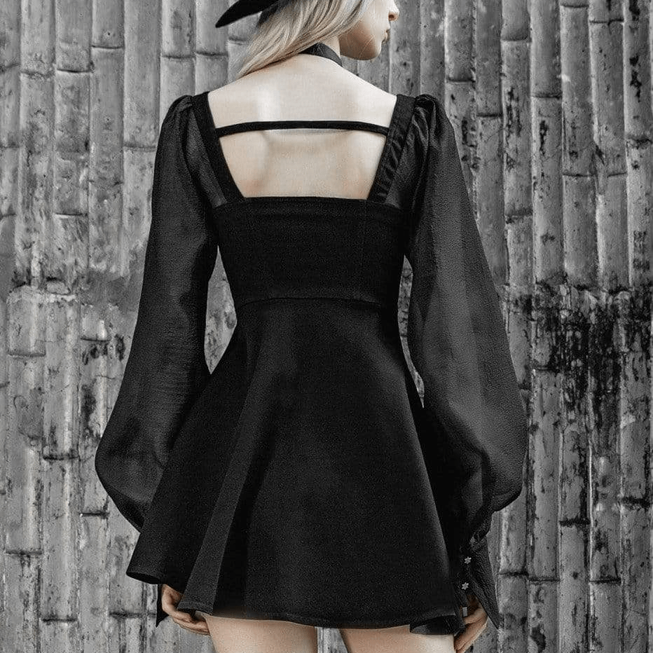 Women's Square Collar Sheer Puff Sleeved Backless Zipper Cross Dresses