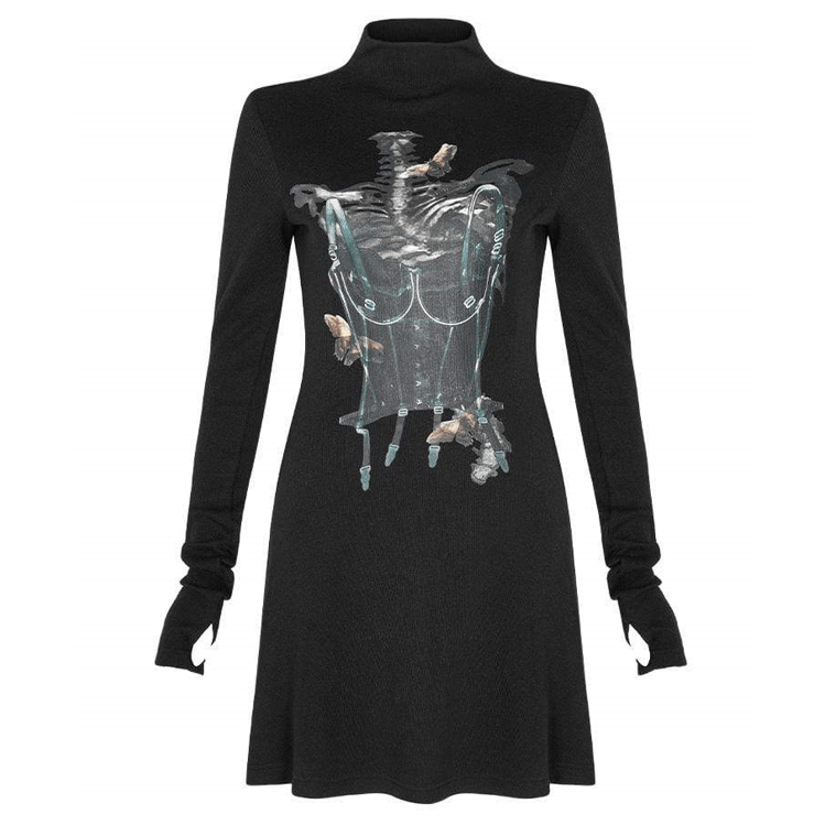 Women's Stand Collar Long Sleeved X-ray Pattern Dresses