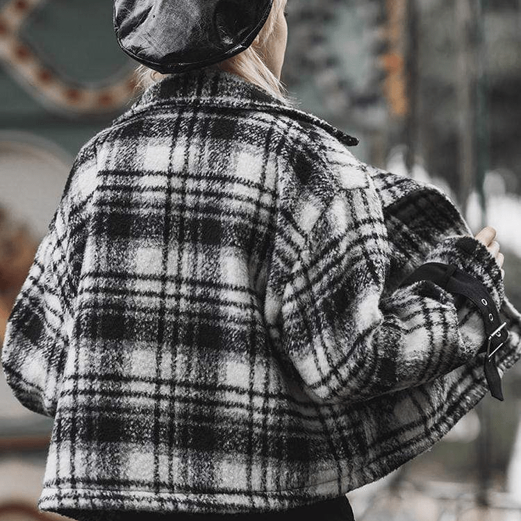 Women's Turn-down Collar Black&Wite Plaid Wollen Jacktes