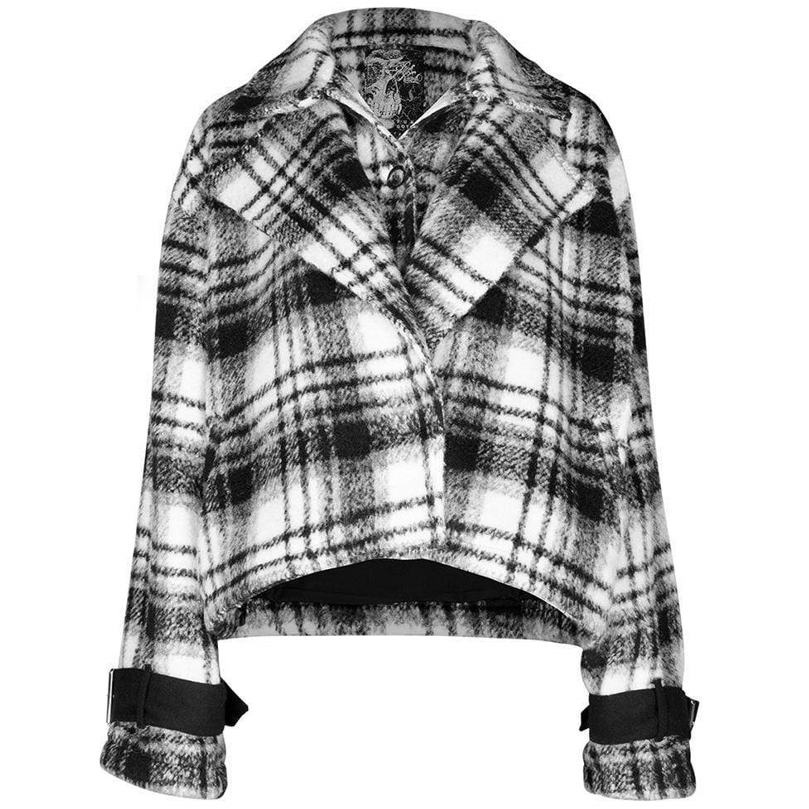 Women's Turn-down Collar Black&Wite Plaid Wollen Jacktes