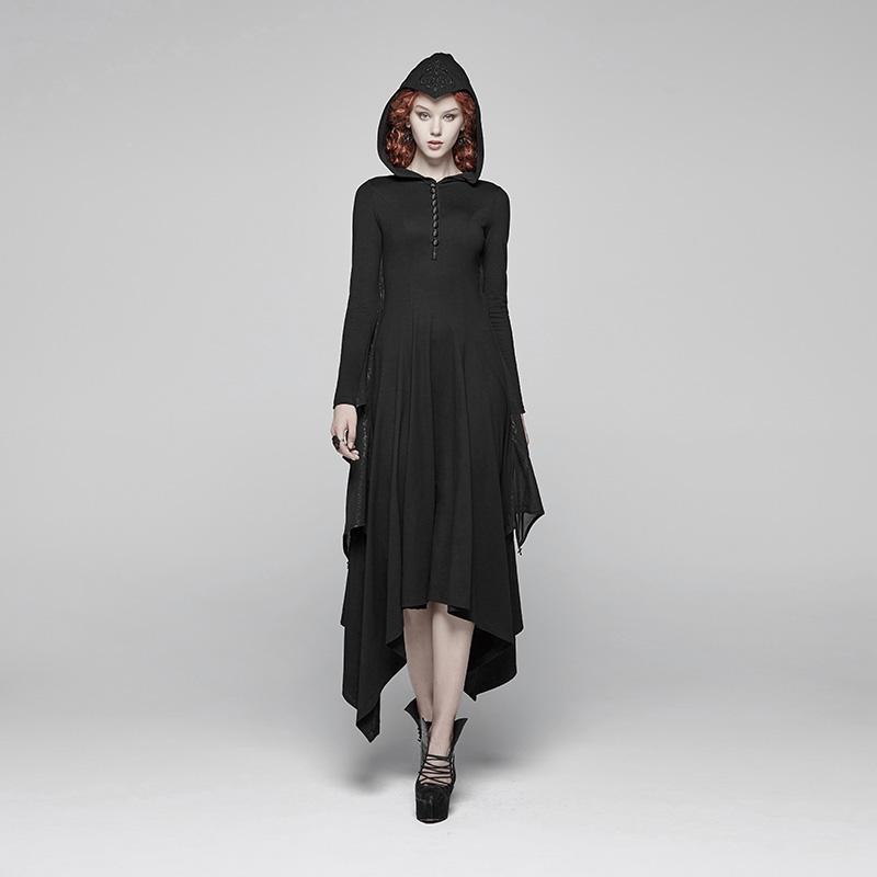 Women's Goth Flare Long Sleeve Iregular Maxi Dress With Hood