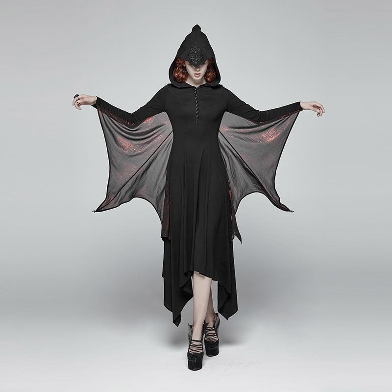 Women's Goth Flare Long Sleeve Iregular Maxi Dress With Hood