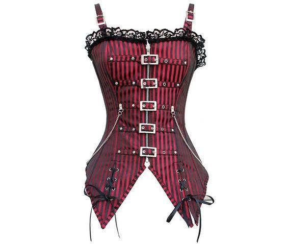 Gothic Striped Lace Buckles Overbust Corset With Thong