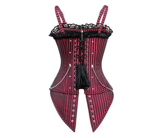 Gothic Striped Lace Buckles Overbust Corset With Thong