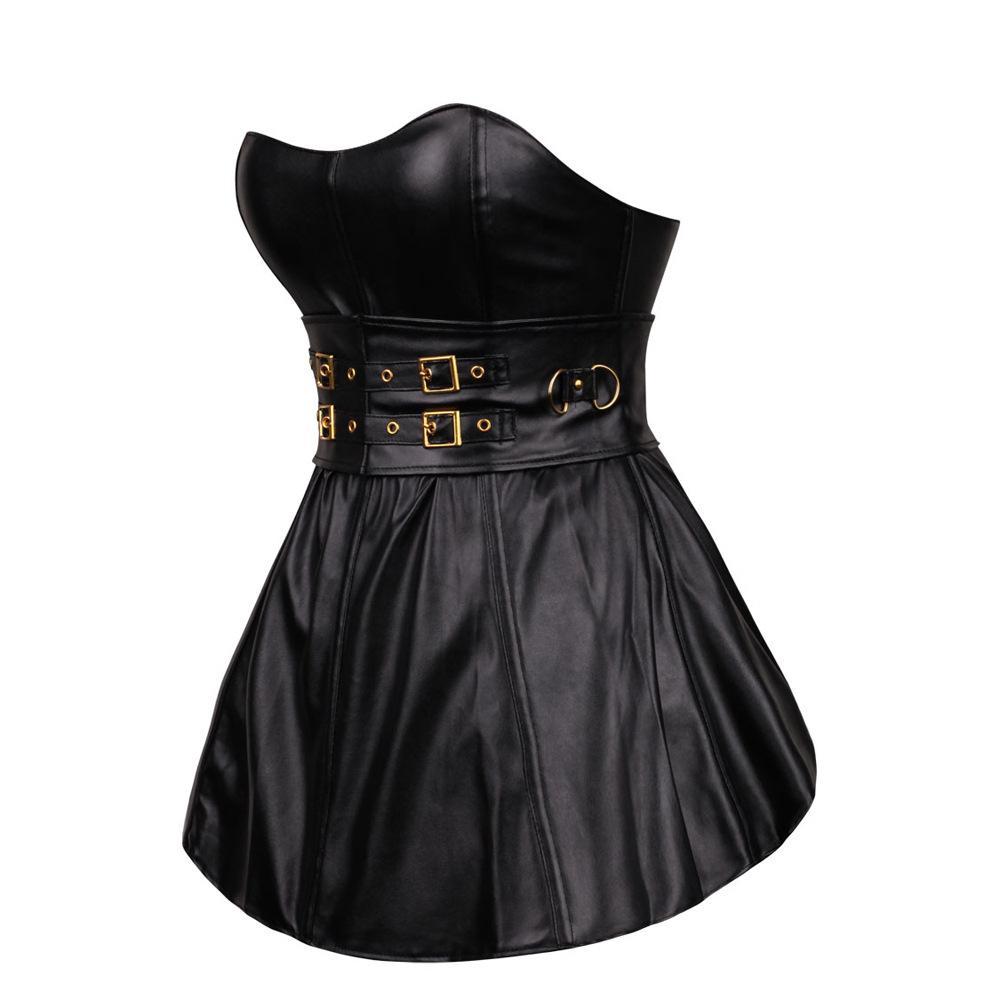 Women's Double Breasted Faux Leather Bustier Corset Top With Skirt