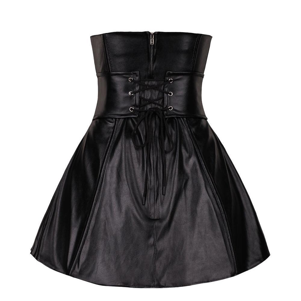 Women's Double Breasted Faux Leather Bustier Corset Top With Skirt