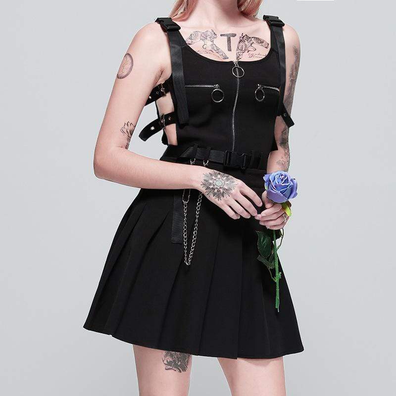 Women's Goth Front Zipper Black Slip Dress with Waist Chain