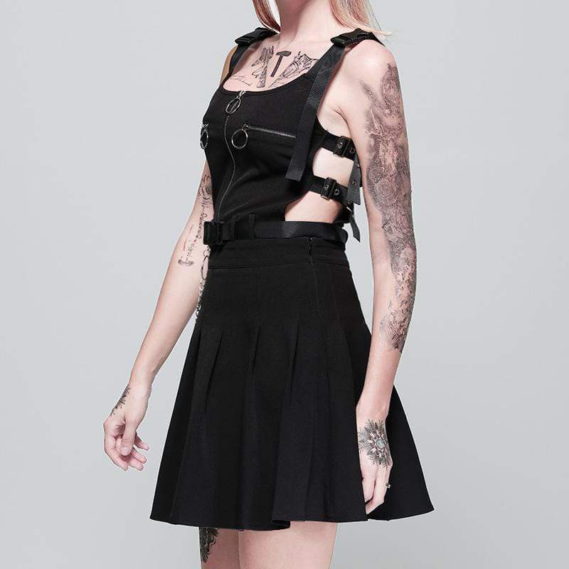 Women's Goth Front Zipper Black Slip Dress with Waist Chain