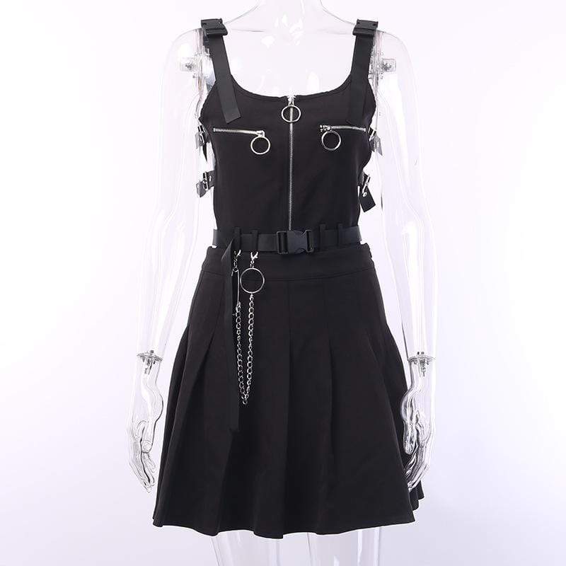 Women's Goth Front Zipper Black Slip Dress with Waist Chain