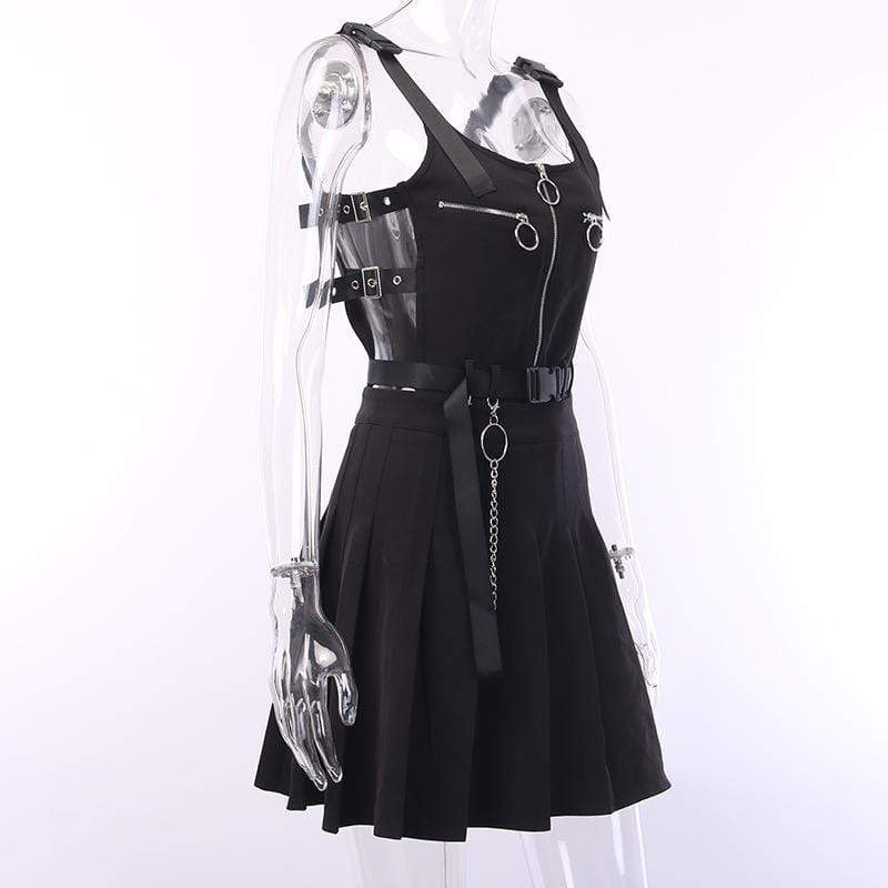 Women's Goth Front Zipper Black Slip Dress with Waist Chain