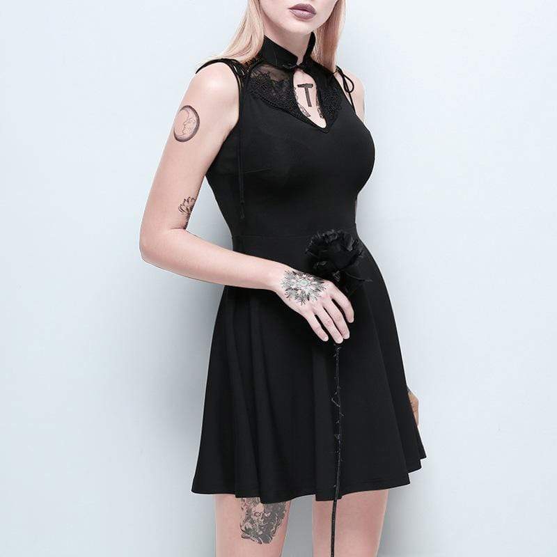 Women's Goth Hollow Strappy Sleeveless Black Dress