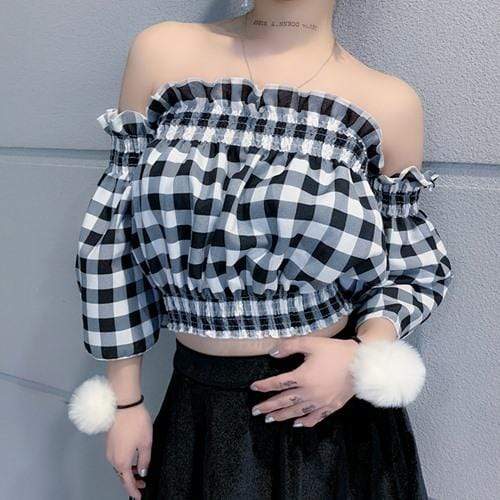 Women's Goth Plaid Puff Sleeves Crop Top