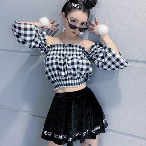 Women's Goth Plaid Puff Sleeves Crop Top