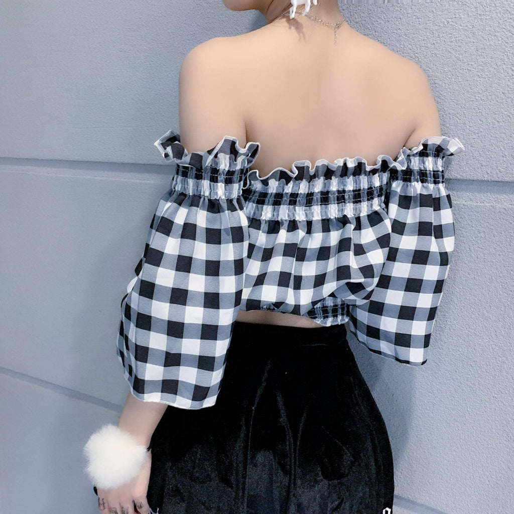 Women's Goth Plaid Puff Sleeves Crop Top