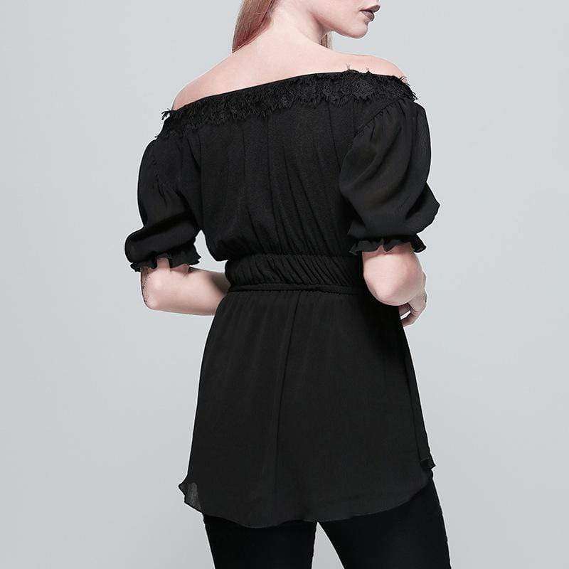 Women's Goth Square Collar Chiffon High/Low Top With Puff Sleeves