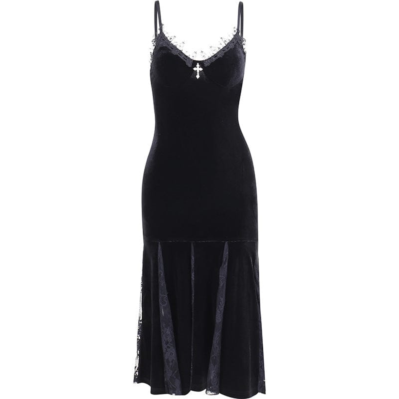 Punk Design Women's Gothic Velet Lace Fishtail Slip Dress