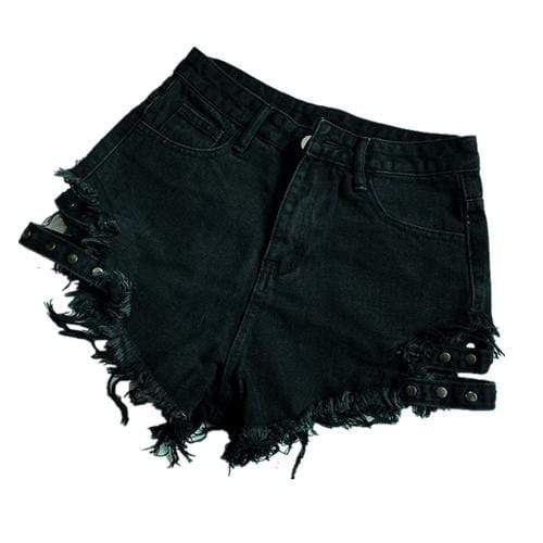 Women's Punk Tassel Black Denim Shorts With Leg Ring