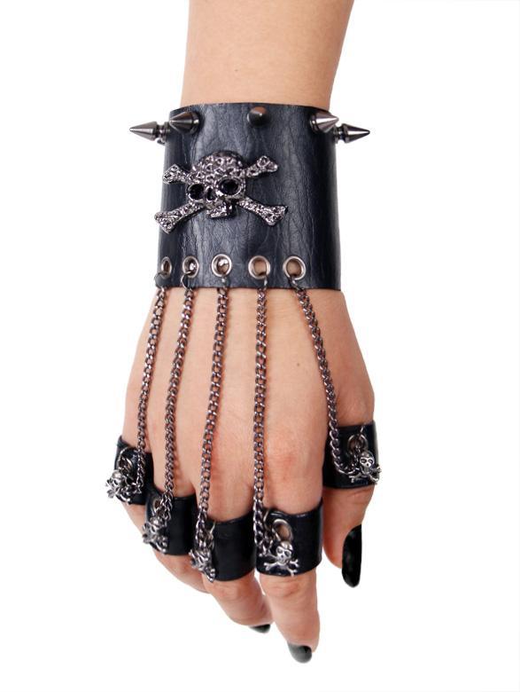Men's Black Skull Metal Chain Gloves With Removable Finger Rings