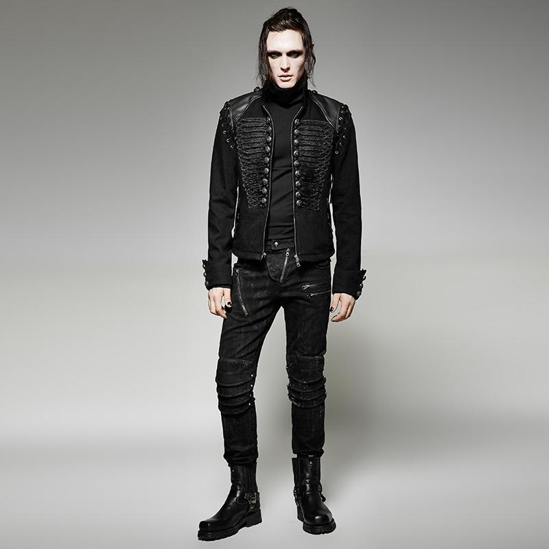 Men's Black Military Denim Jacket With Removable Sleeves