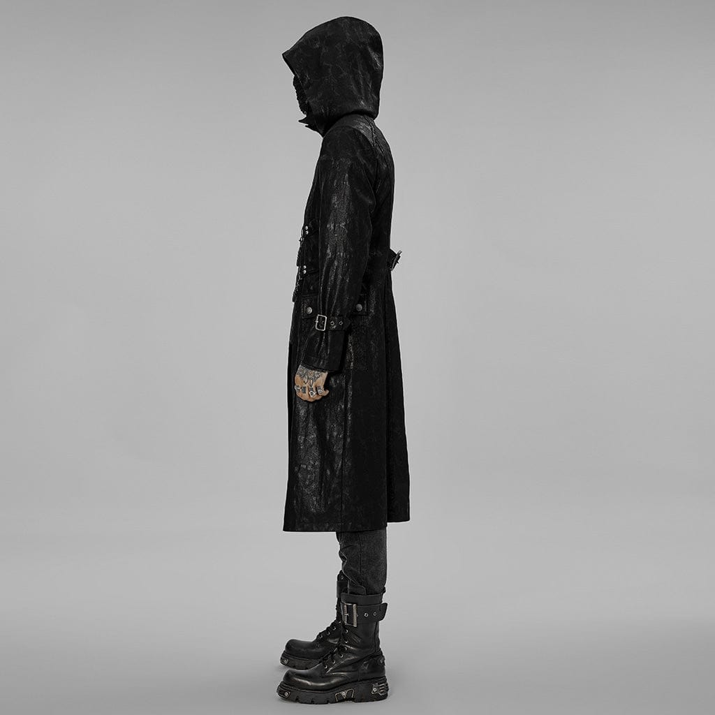 PUNK RAVE Men's Gothic Asymmetric Zipper Long Coat with Hood