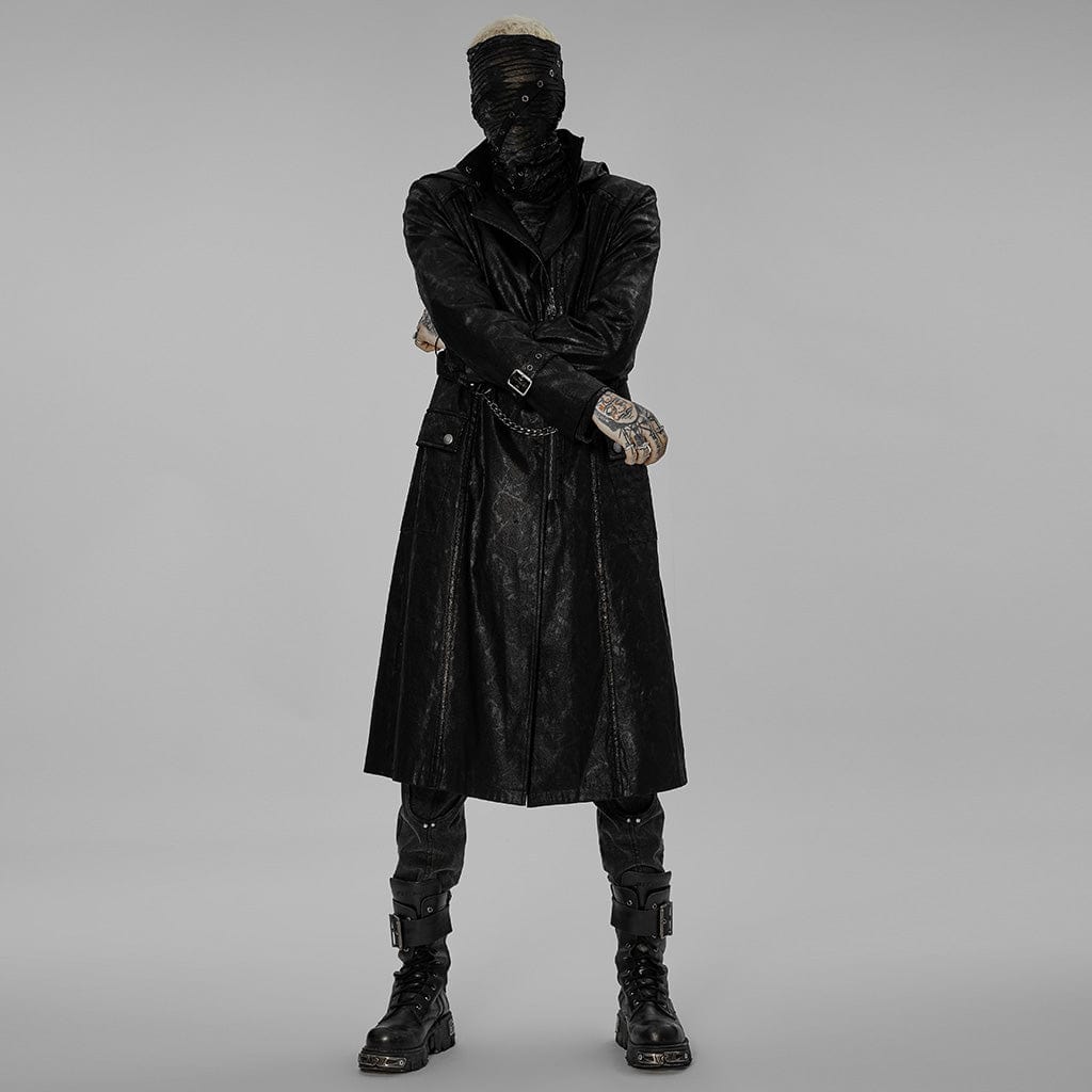 PUNK RAVE Men's Gothic Asymmetric Zipper Long Coat with Hood