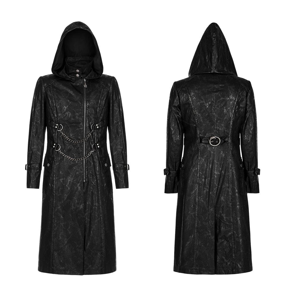 PUNK RAVE Men's Gothic Asymmetric Zipper Long Coat with Hood