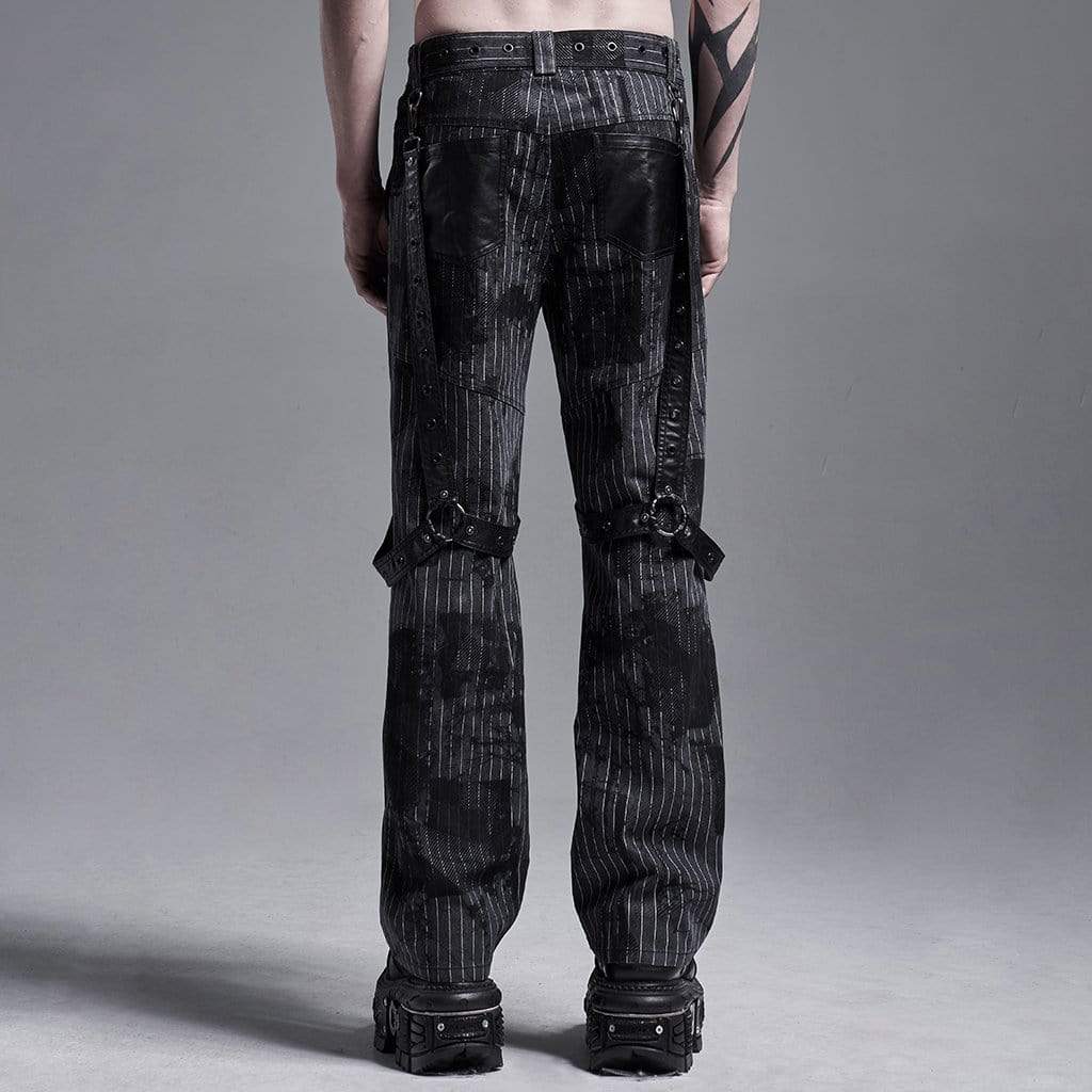 Men's Gothic Faux Leather Splicing Striped Pants With Harness