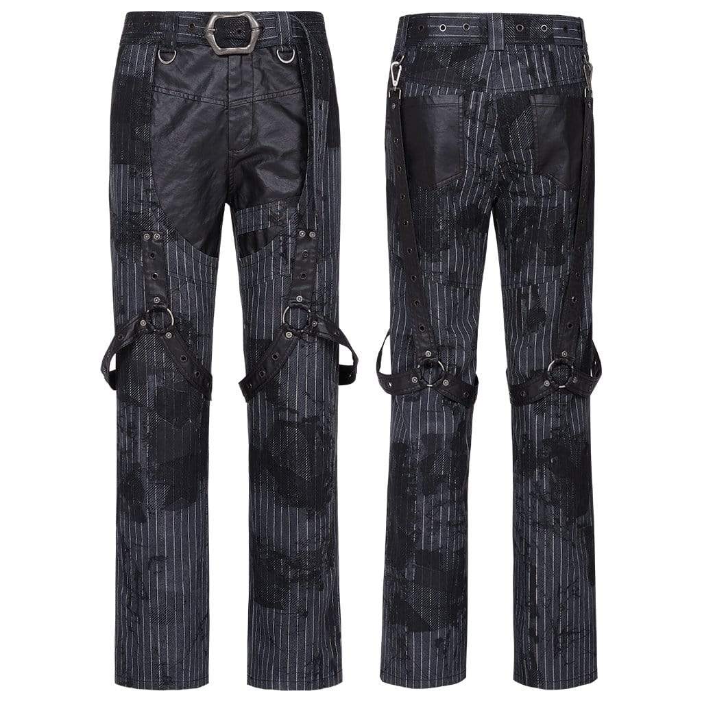 Men's Gothic Faux Leather Splicing Striped Pants With Harness