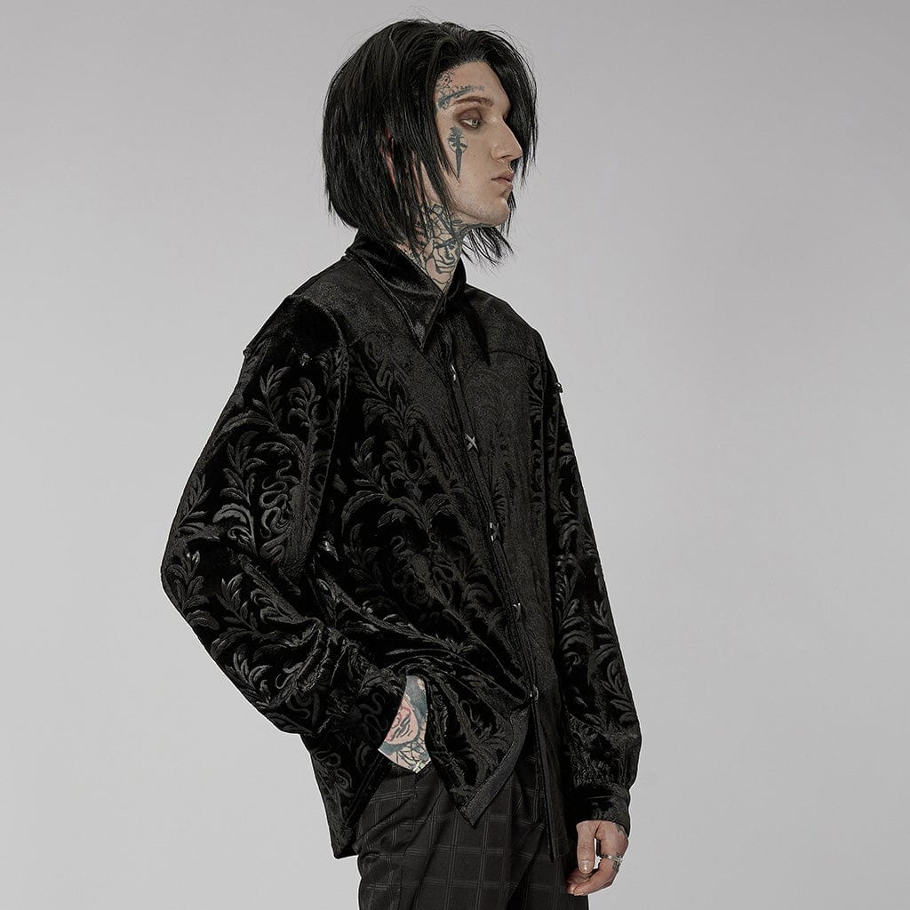 PUNK RAVE Men's Gothic Floral Printed Velvet Shirt