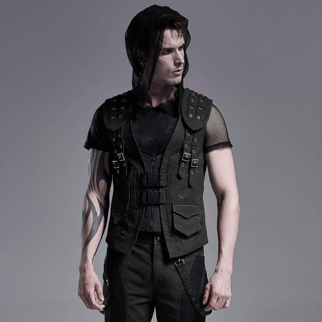 Men's Gothic Front Zip Vests With Pockets And Chains